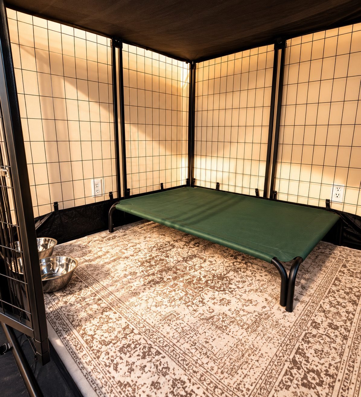 Inside a 5 by 5 Bark Inn suite, with a raised cot and rug